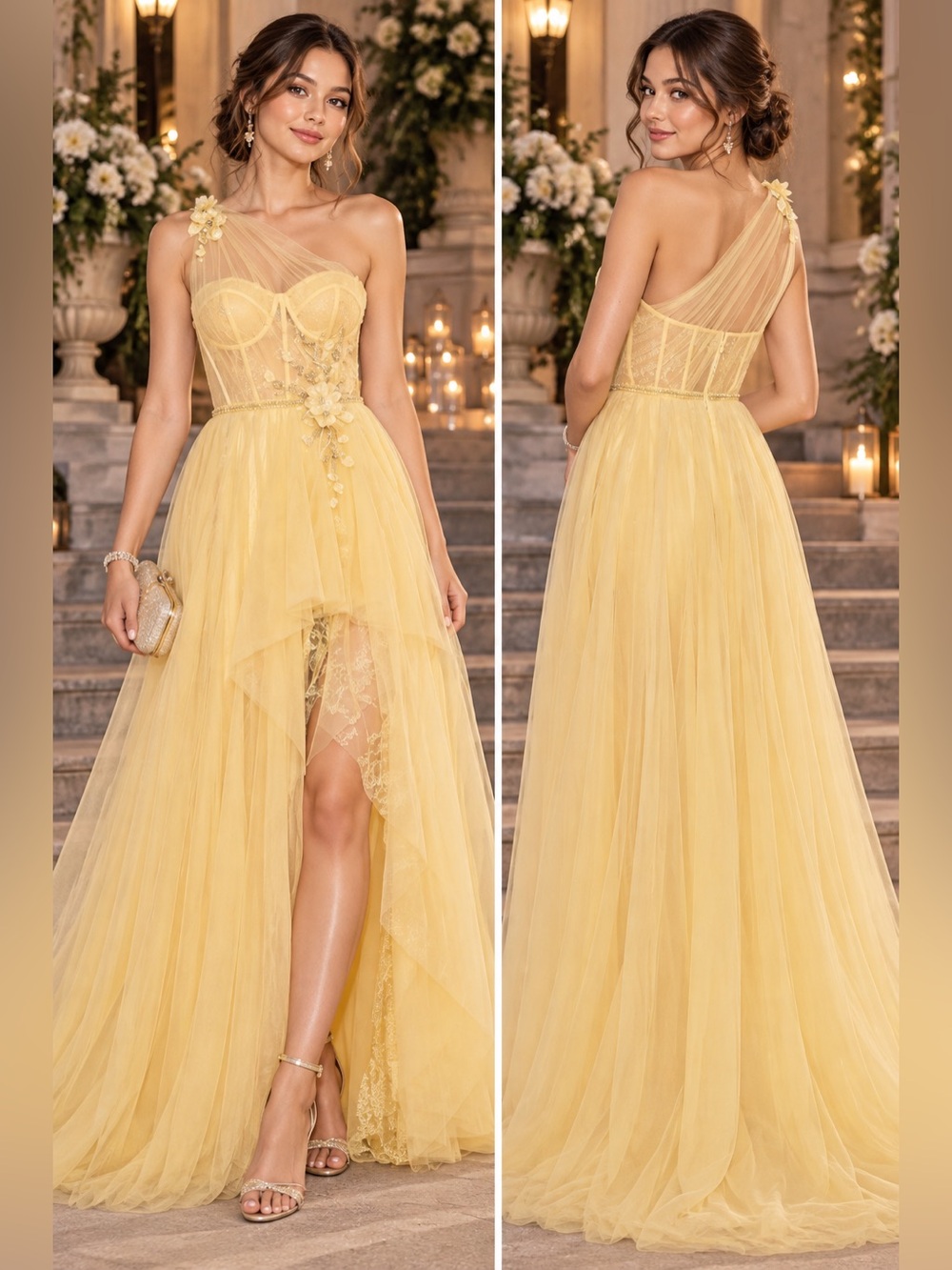 NWT Mac Duggal 50661 Yellow Asymmetric Lace Prom Gown Size 2